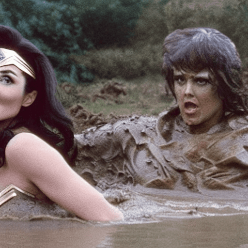 AI generated: Lynda Carter as Wonder Woman standing in a muddy pool, fighting an alien. Photo realistic.