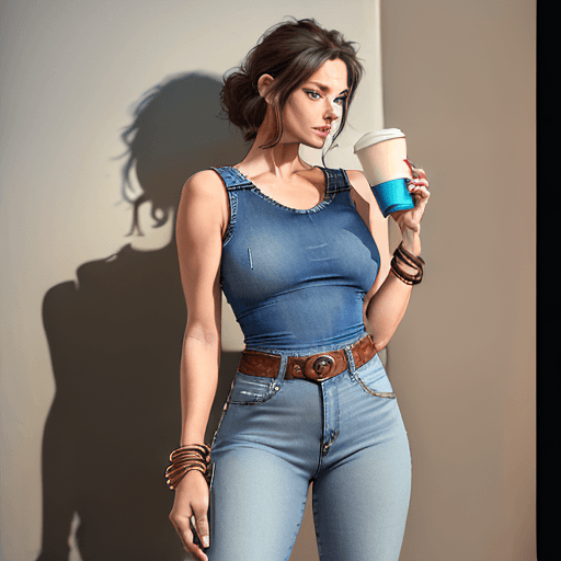 AI generated: A photorealistic image of a woman in a stylish denim ensemble. She wears a sleeveless, form-fitting ...