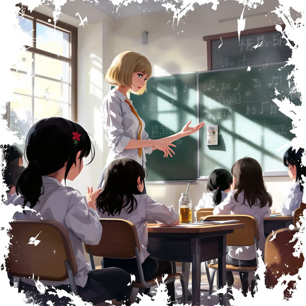 AI generated: A Japanese  female,blond Hair Bob, black miniskirt, black tights,
She is a teacher, she is in the cl...