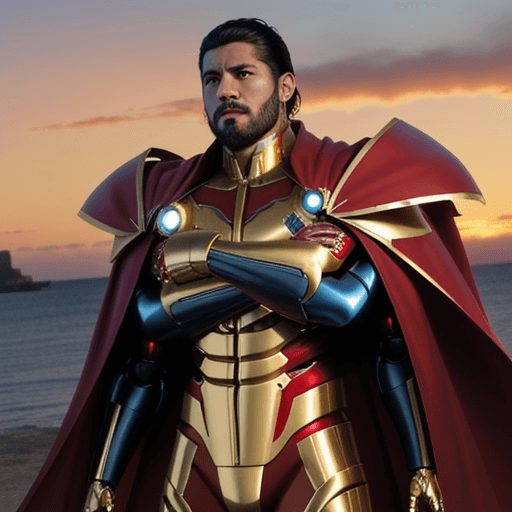 AI generated: A Hispanic man with superpowers watching the sunset with anger who he wants revenge against the sun ...