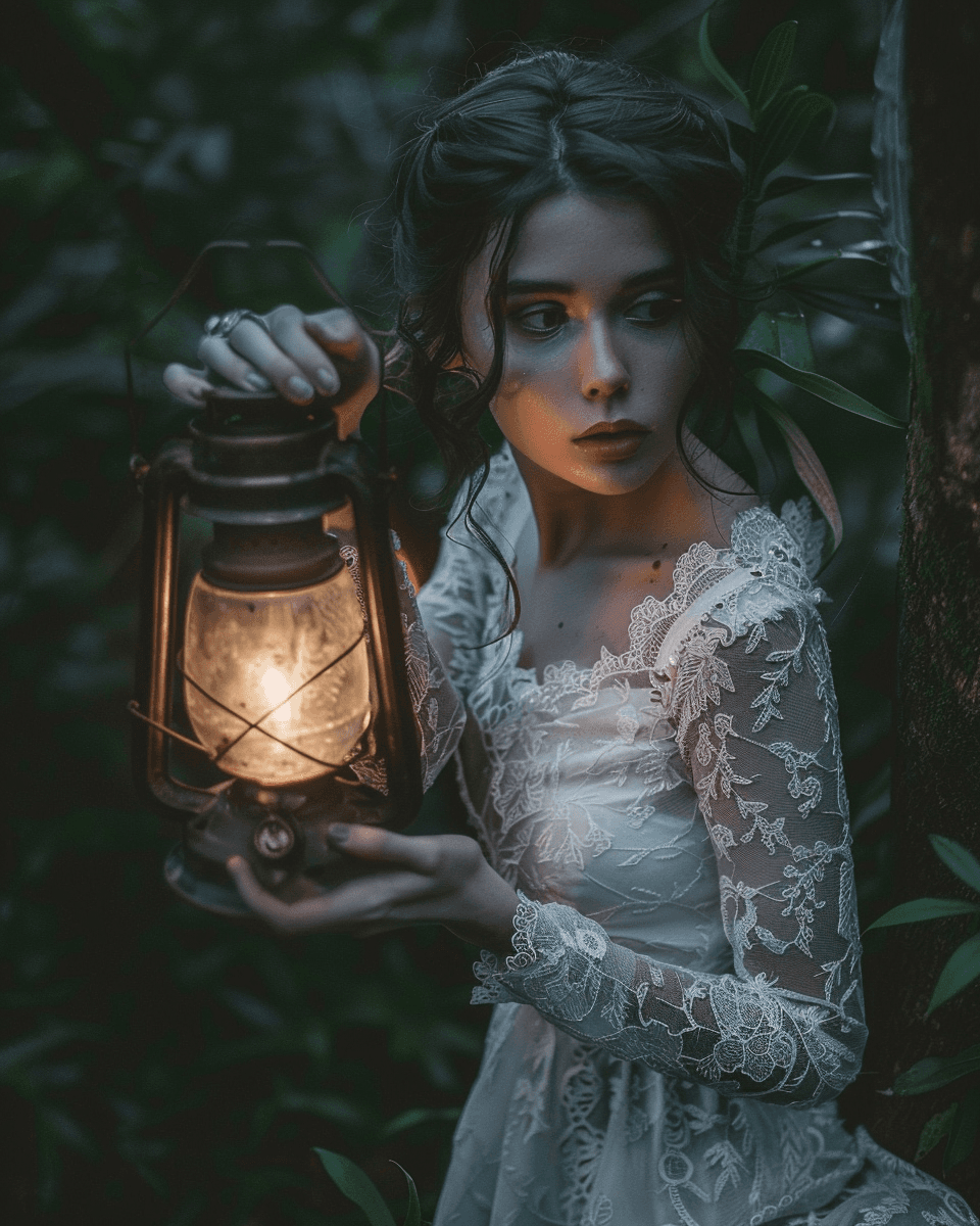 AI generated: a photo of woman in white lace dress holding an old lantern, dark forest background, soft light --v ...