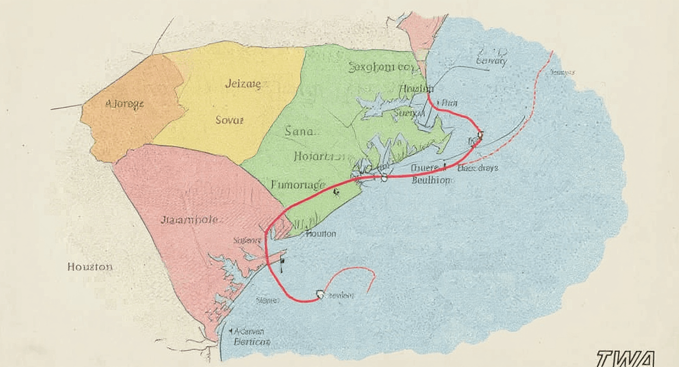 AI generated: A colorful map of the southeast United States with the flight route from Jacksonville to Houston.
