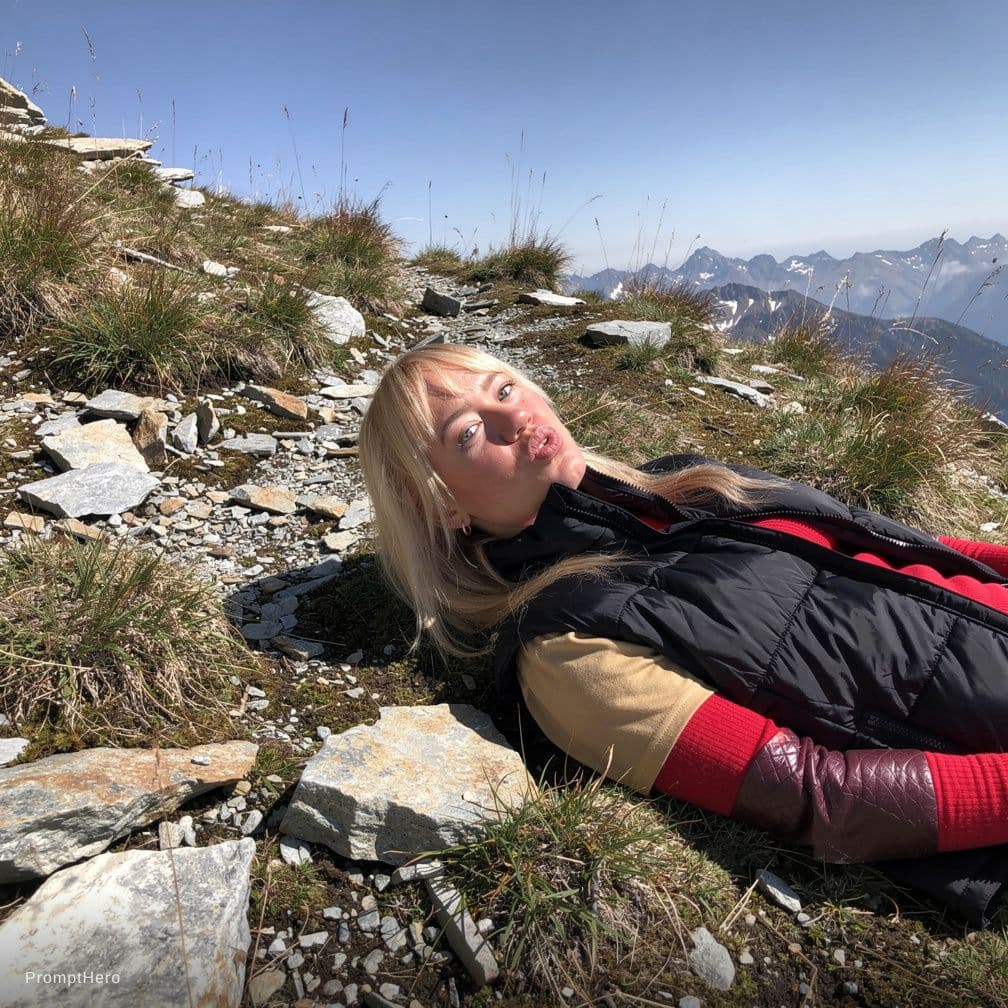 AI generated: Make her on a mountain laying down 