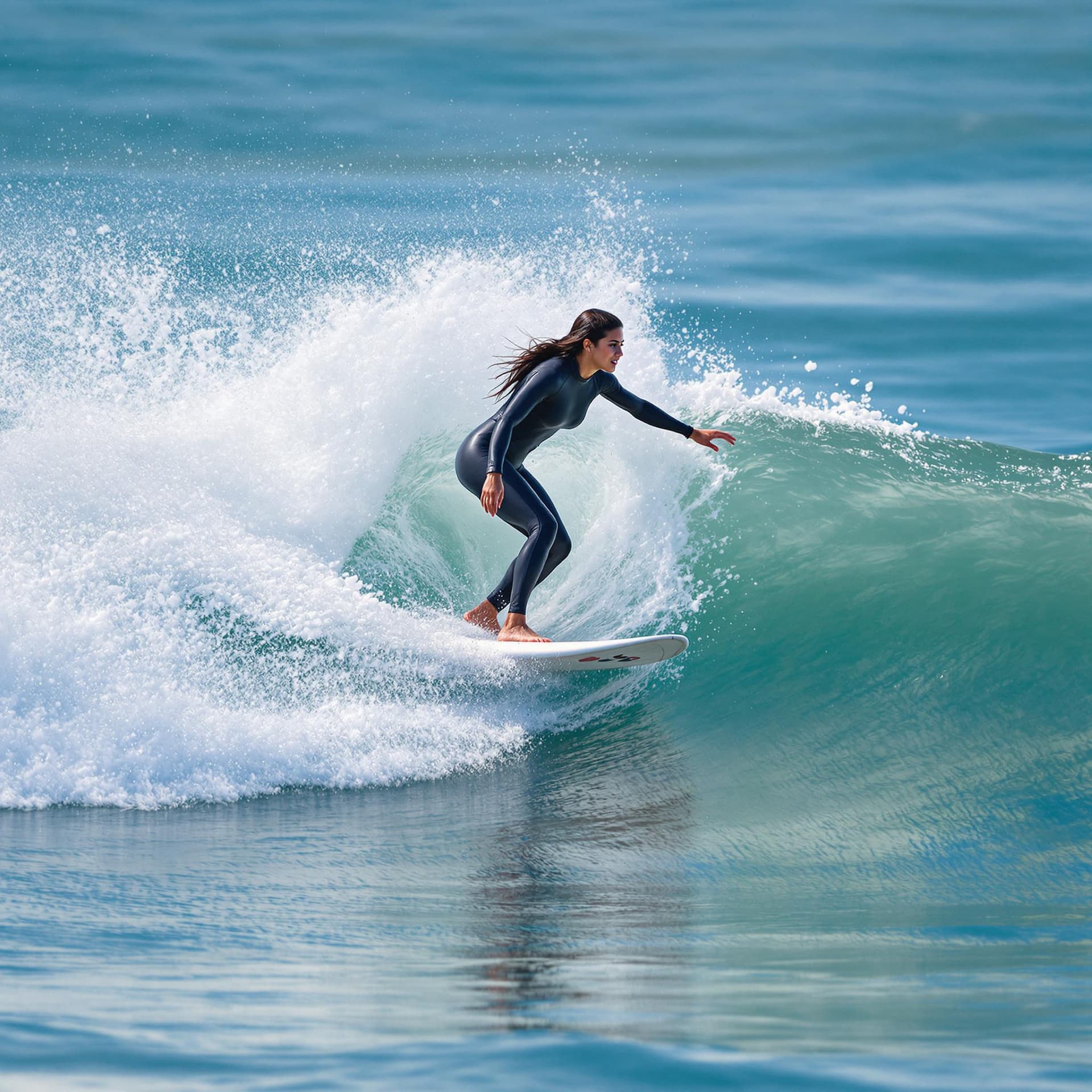AI generated: The image features a Indian woman riding a wave on a surfboard. She is skillfully navigating the wav...