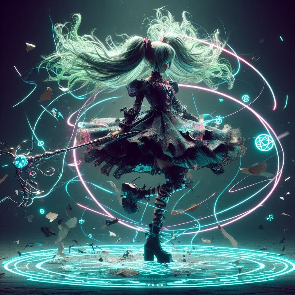 AI generated: ChaosStyle:neon_green:1.8 cute cyberpunk gothic girl with aura around wearing doll clothes, dancing ...