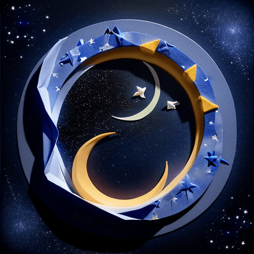 AI generated: 3D crescent as Origami, paper quilting, background tiny stars painted on night sky 