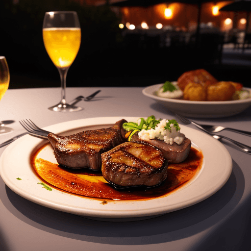 AI generated: a close-up magazine quality shot of a table with center composition barbecue lamb chop medium rare d...
