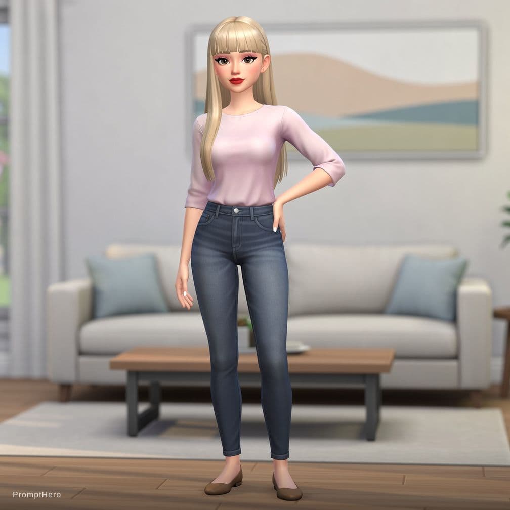 AI generated: Fictional adult woman resembling Taylor (long blonde bangs hair, eyeliner, red lips) as a 1:1 3D mod...