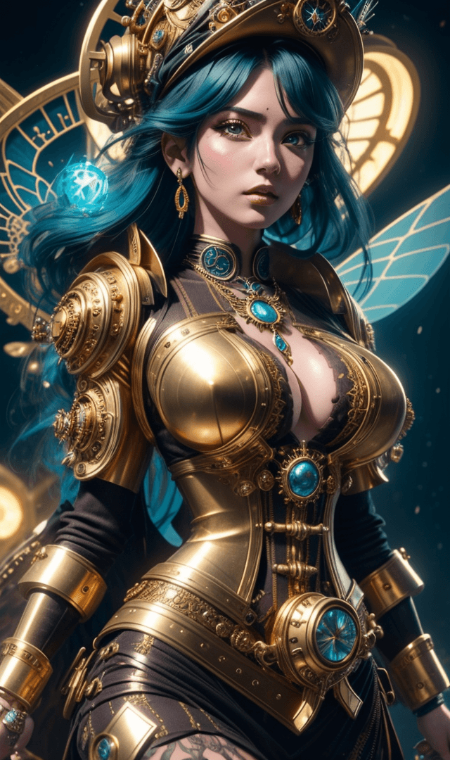AI generated: 3d image of a steampunk woman, in the style of Bella Kotak, gold and cyan, photorealistic detail, da...