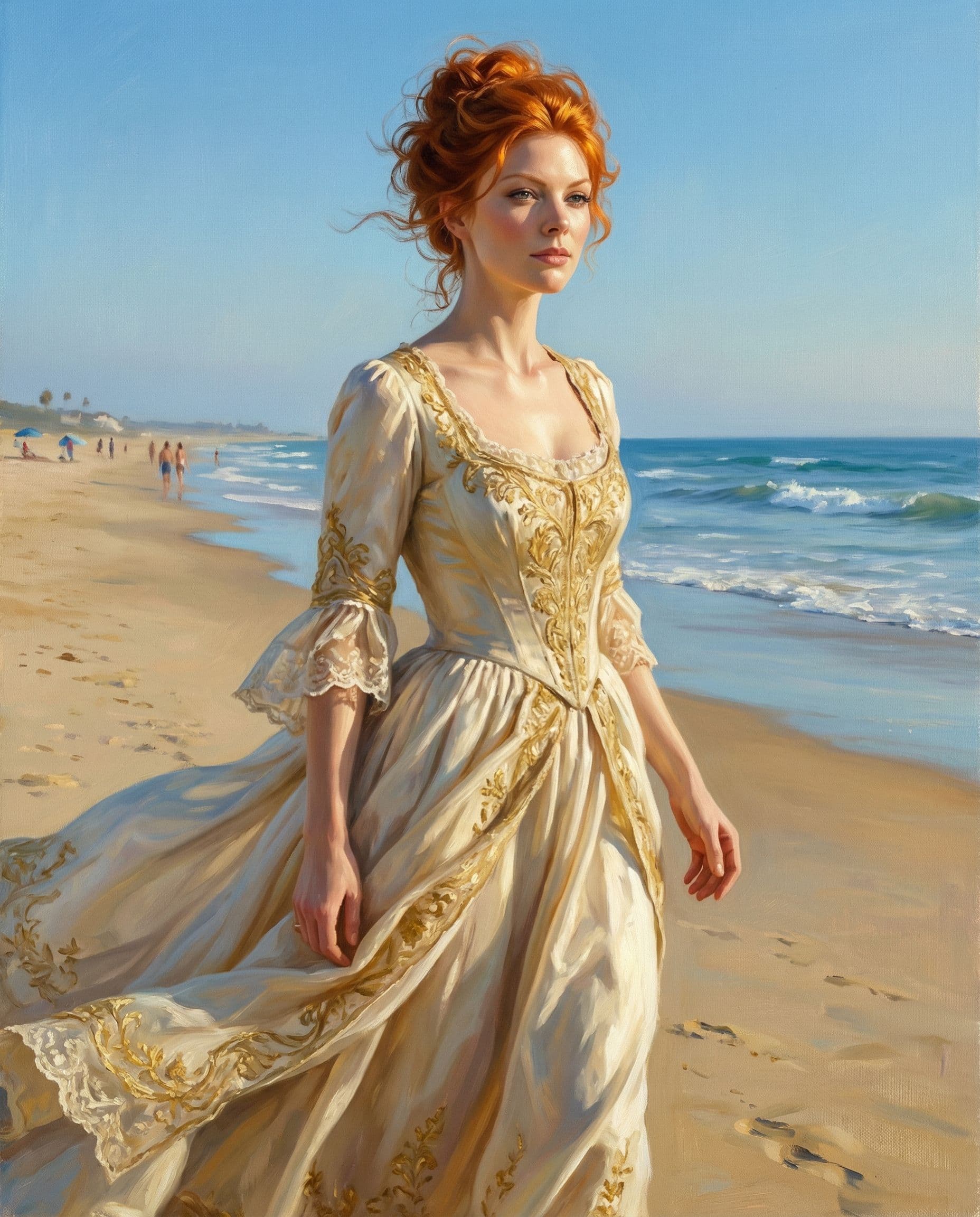 AI generated: A tall elegant woman walking on a sunny beach, flowing vintage ivory and gold dress moving with the ...