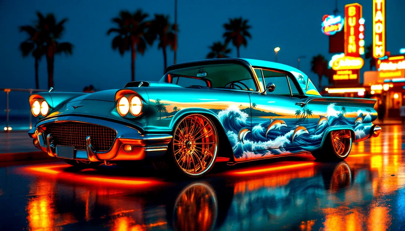 AI generated: A realistic, front, side view of a 1958 Ford Thunderbird with a metallic teal base paint with airbru...