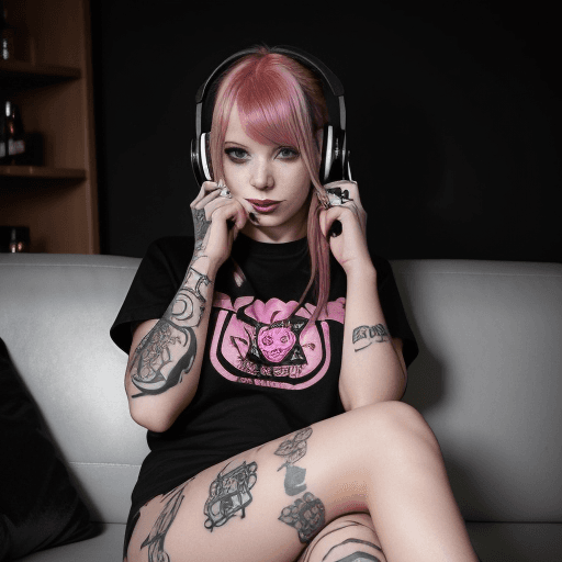 AI generated: 27 year old girl, pink hair with bangs, sitting on sofa on a party, beer in her hand, headphones aro...
