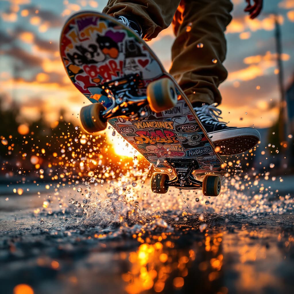 AI generated: dynamic, high-speed action, encapsulated in a warm, vibrant sunset backdrop, a tight crop focusing o...
