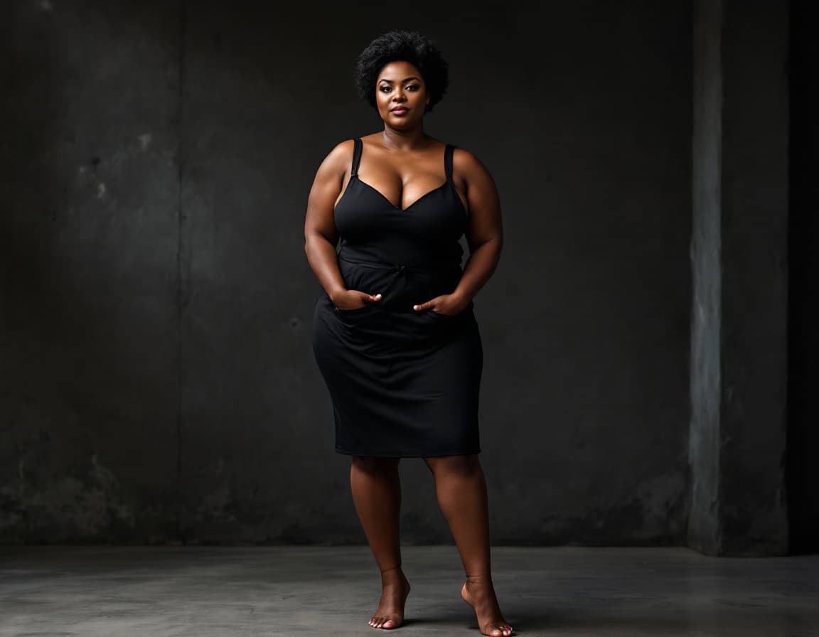 AI generated: 45 years old mature ebony woman, serious face, curve muscle    body, black pixie hair, wearing only ...
