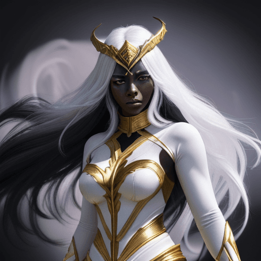 AI generated: 

"Generate a high-quality, detailed image of a powerful female superhero with dark skin, long white...