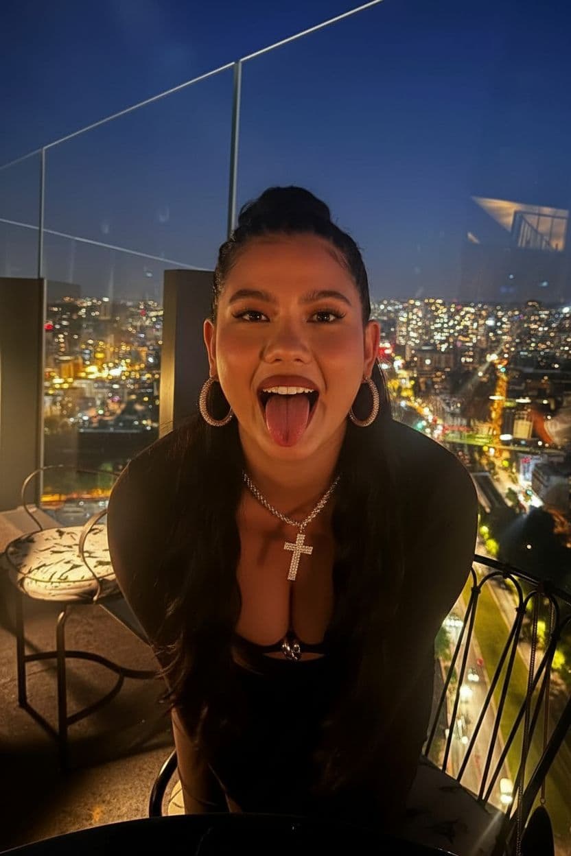 AI generated: The subject is putting her tongue out and bending in front of the camera