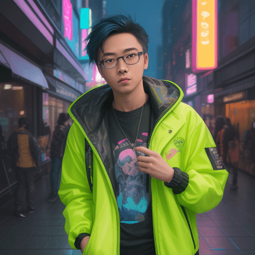 AI generated: an image of a men
 in a neon jacket standing somewhere, in the style of ross tran, gadgetpunk, stree...
