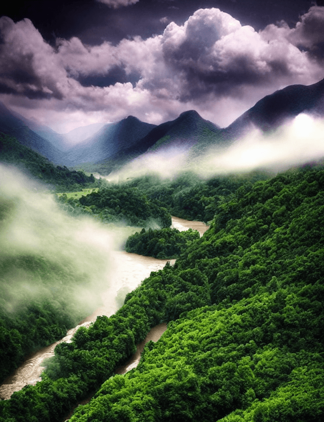 AI generated: where rivers surge and flow, mountains stand majestic and steep, ancient stones bear the weight of h...