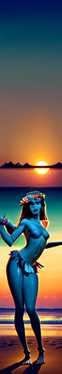 AI generated: nsfw, long shot, wide angle, stunning standing fully naked brunette woman wearing hula skirt doing H...