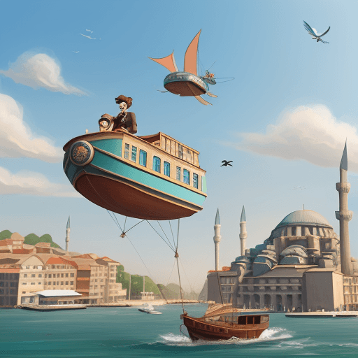 AI generated: flying boat upon the city of istanbul with two pixar style main character