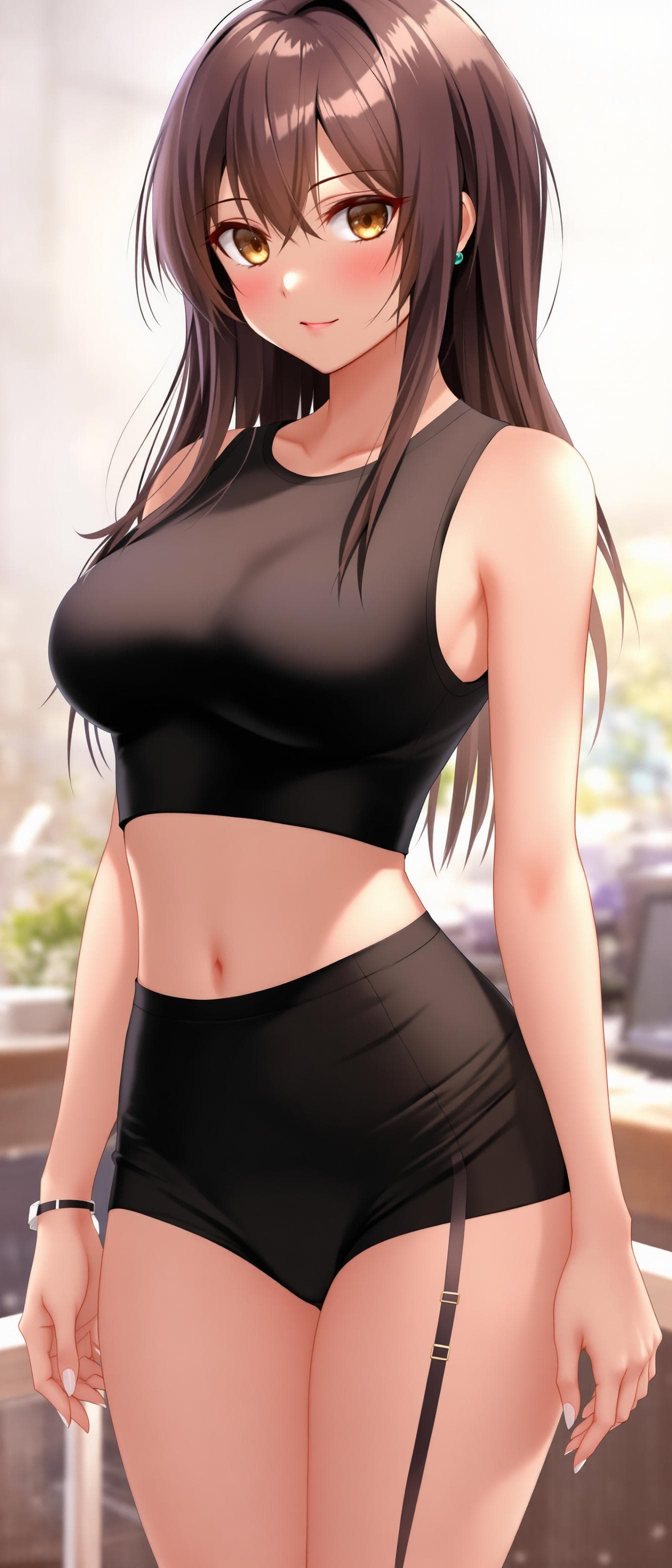 AI generated: Full body image of a beautiful anime waifu with perfect curvey body shape in black sleeveless crop t...