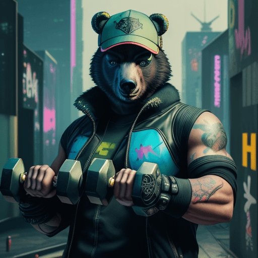 AI generated: Cyberpunk style, a bear standing on a tree, wearing a backwards baseball cap and holding a dumbbell,...