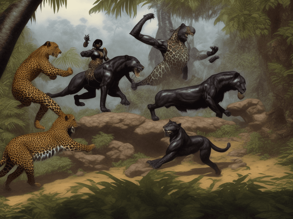 AI generated: Black Amazon with short black hair in light leather and fur armor gets challenged by a leopard in th...