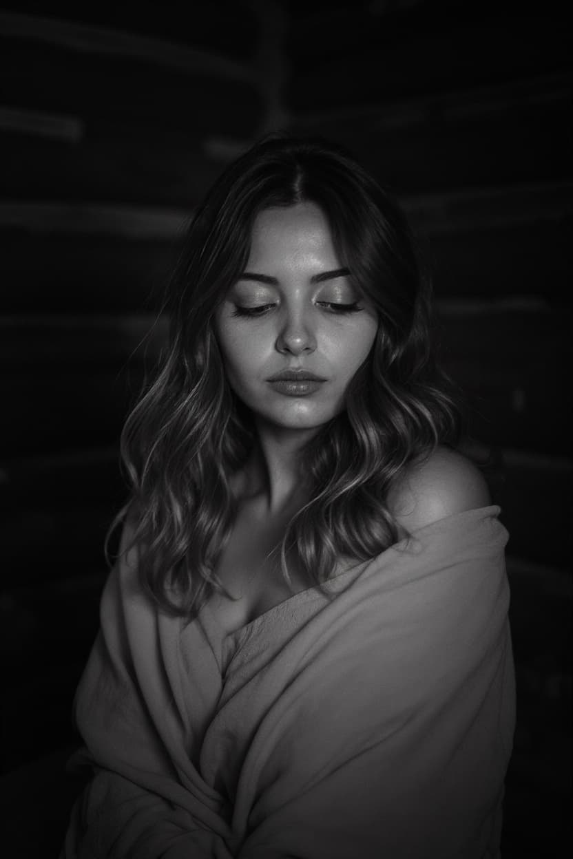 AI generated: A hyperrealistic, fine art black-and-white portrait capturing an introspective moment, with a woman ...