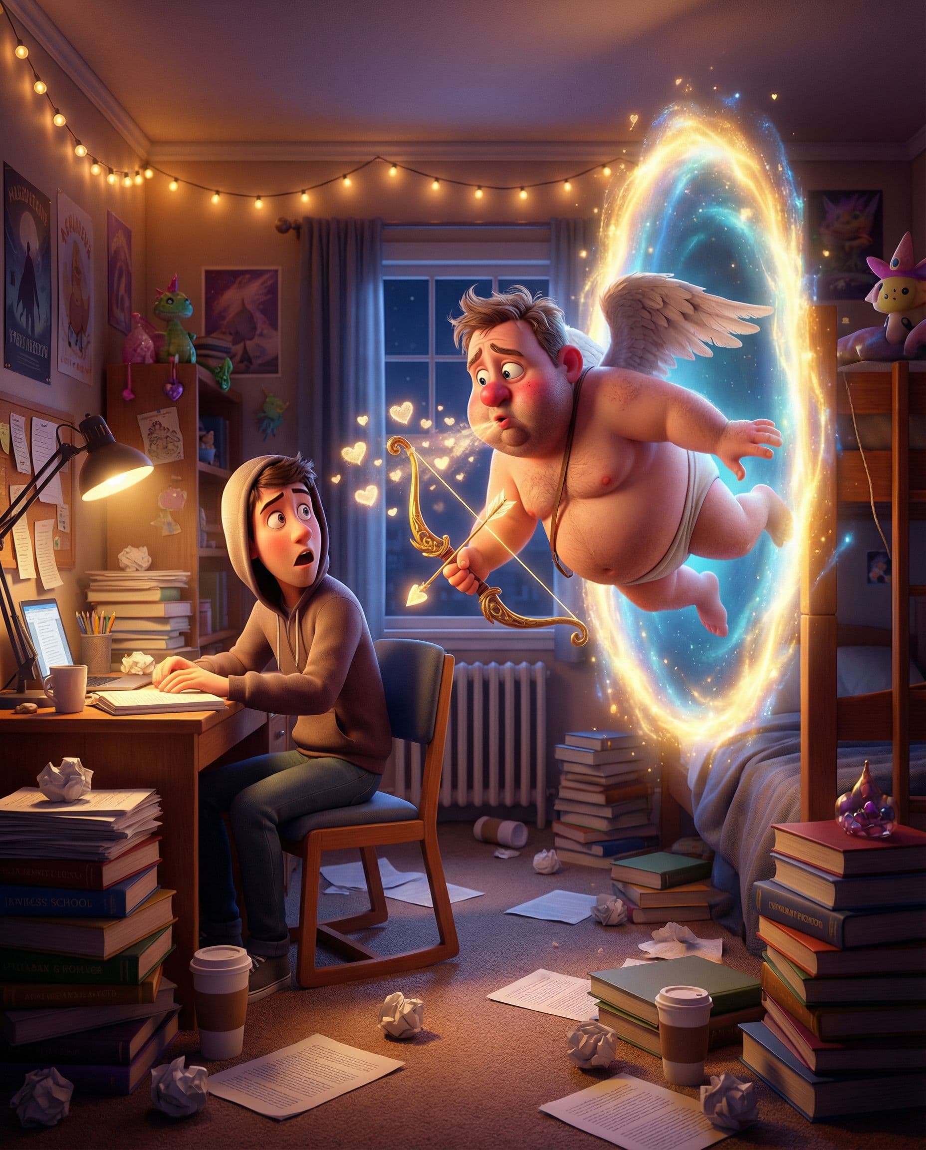AI generated: Pixar style - A disheveled ((adult)) stud Cupid with drooping wings and a runny nose tumbling out of...