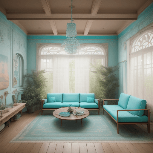 AI generated: turquoise High resolution photography interior design, dreamy sunken living room conversation pit, w...