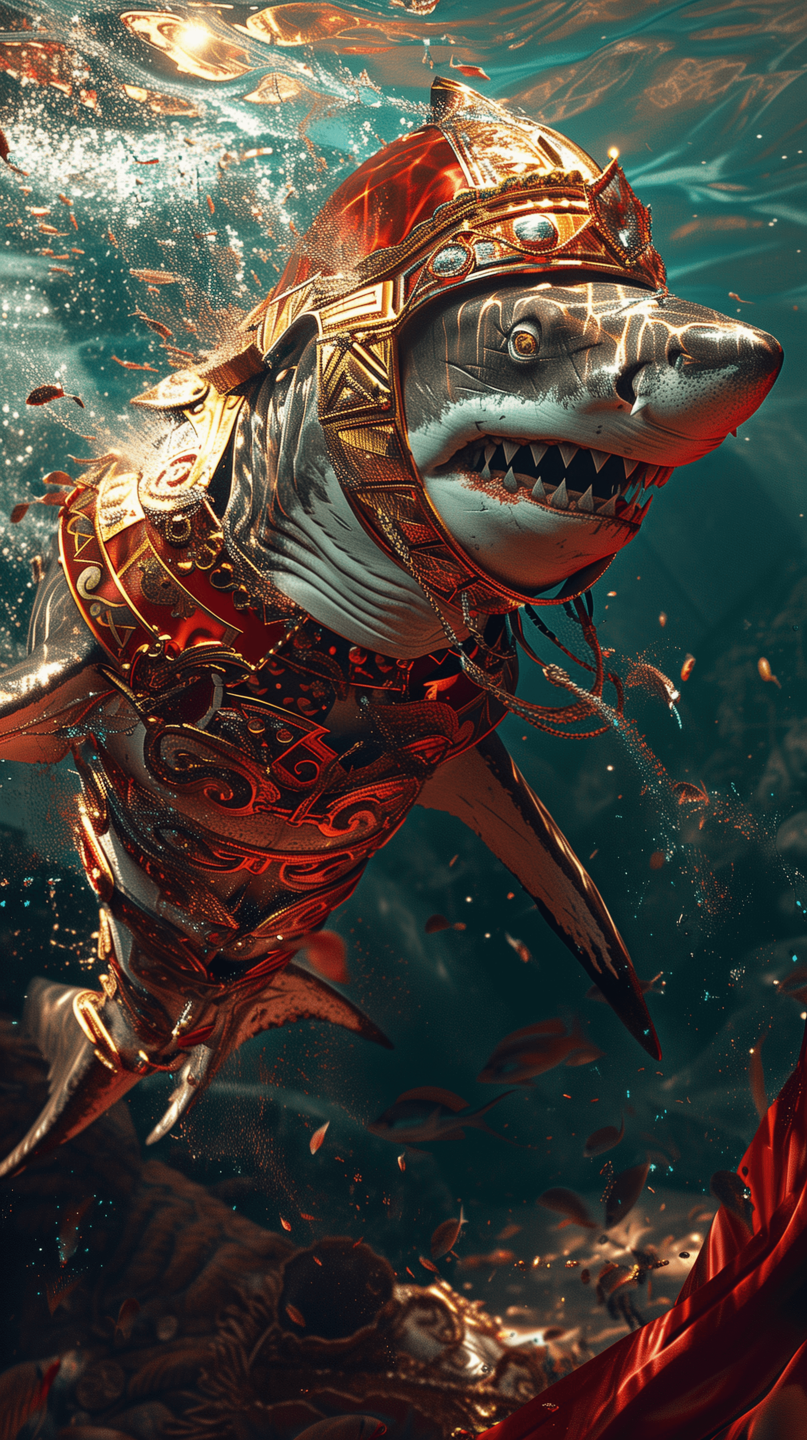 AI generated: A shark wearing ancient bright red and gold Roman helmet and armor, whole body swimming in the water...