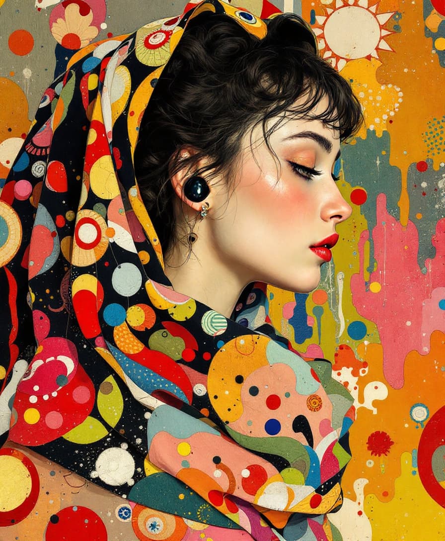 AI generated: side view of surreal young wife, with colourfull cloth, by egon schiele, gustav klimt