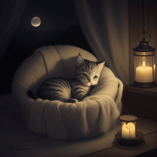 AI generated: Create a captivating image of a serene, little kitten nestled comfortably in a peaceful, nocturnal s...