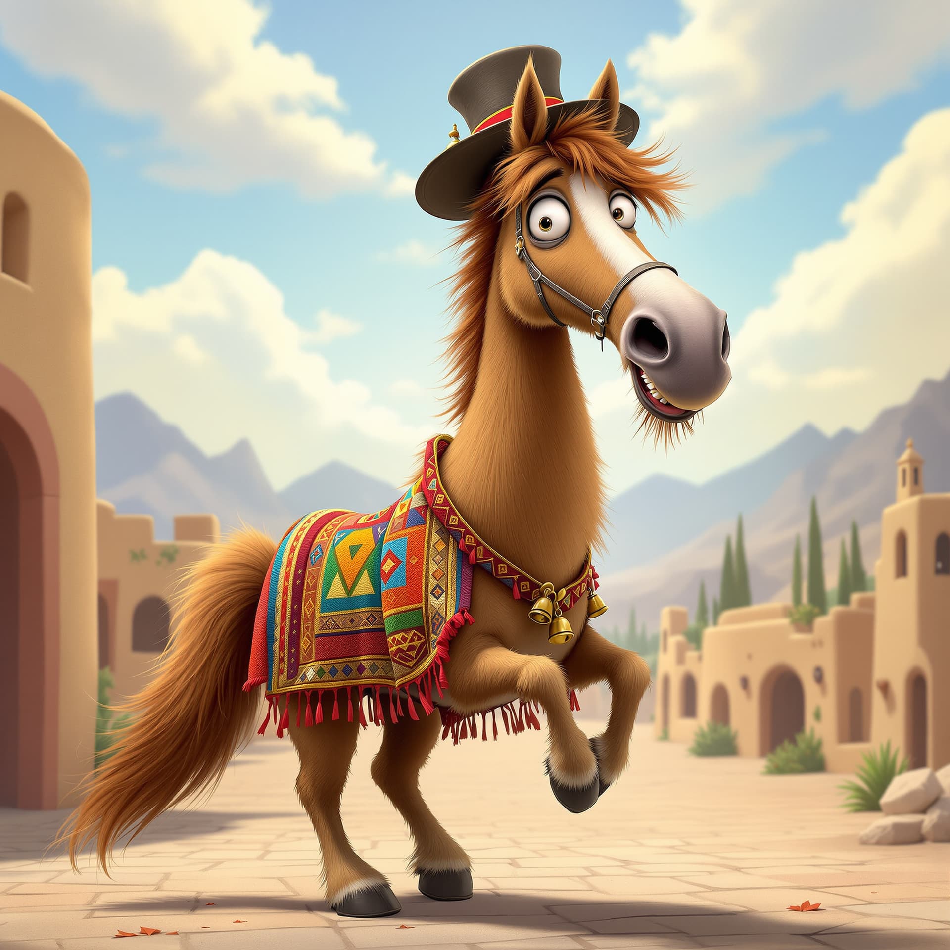 AI generated: funny caricature, silly horse character, Spanish ethnicity, 5 years old, aloof, curious, dramatic, l...