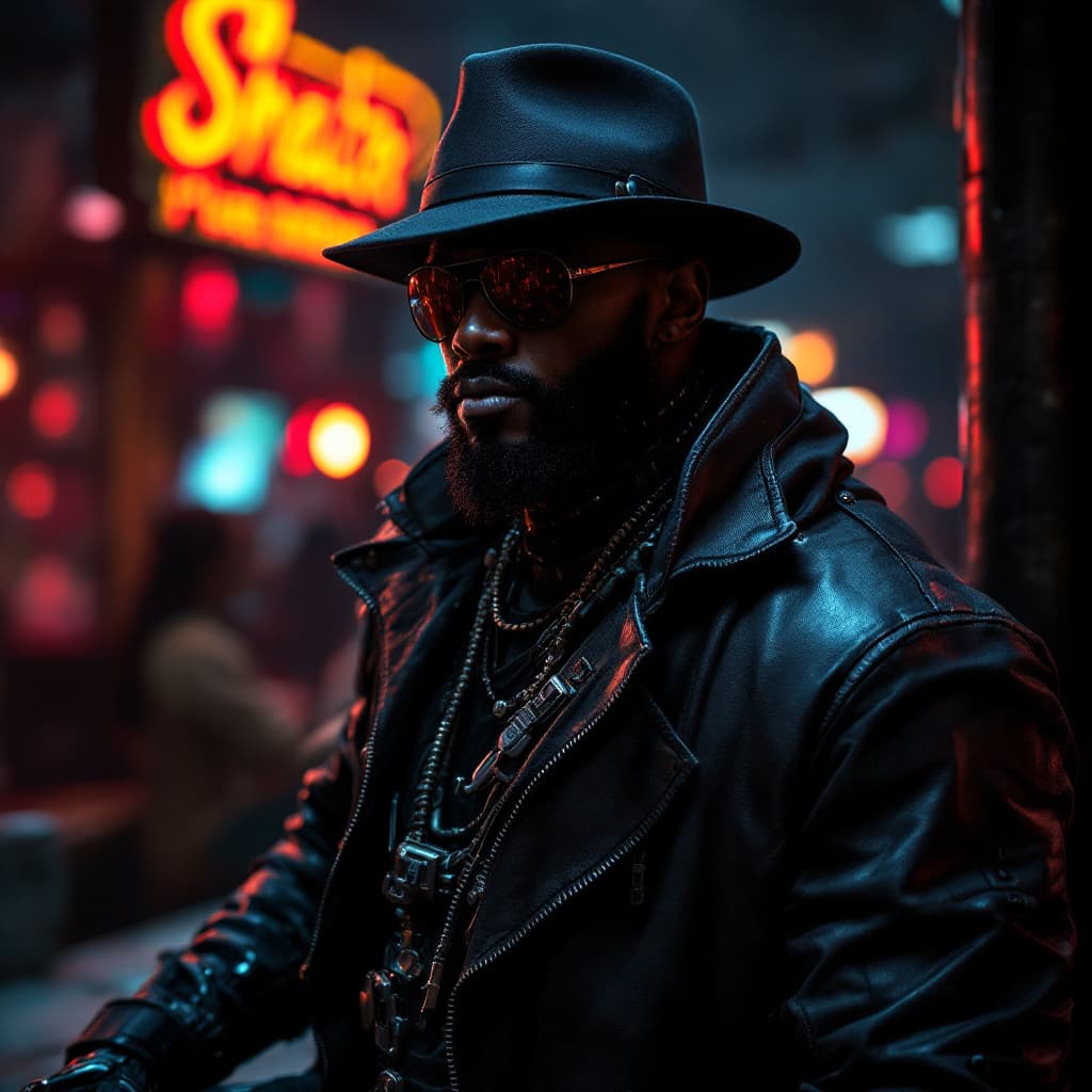 AI generated: photo of a black muscular african soldier with cyberlimbs, beard, cyber arms, black mantle jacket, h...