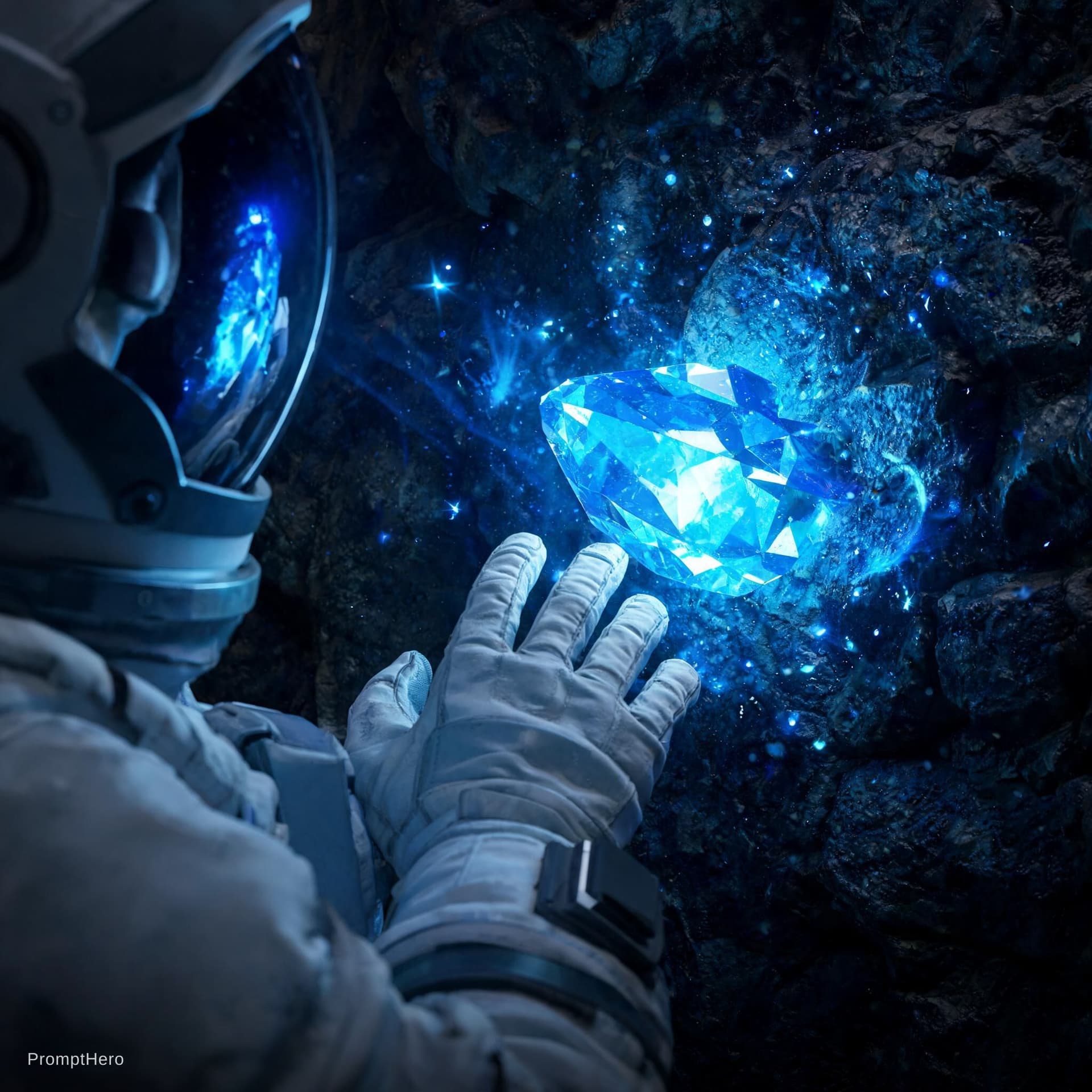 AI generated: Close-up shot over the astronaut's shoulder. The astronaut's gloved hand slowly reaches out to touch...