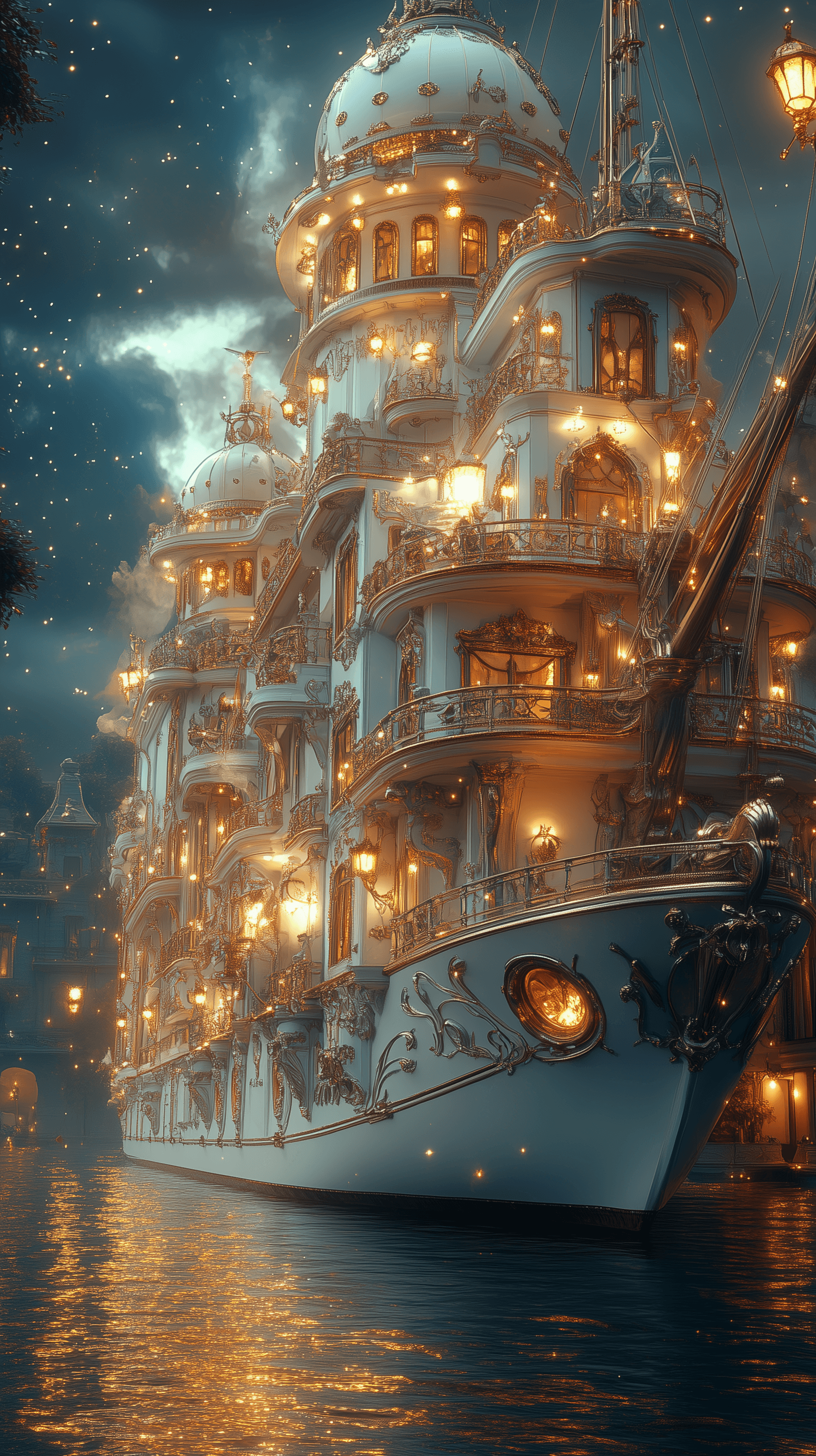 AI generated: The hyper realistic steampunk vessel has intricate white and gold designs with silver details, resem...
