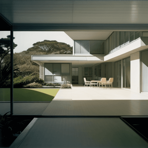 AI generated: Hyper realistic eye level exterior photo of a mid century modern style house overlooking the ocean, ...