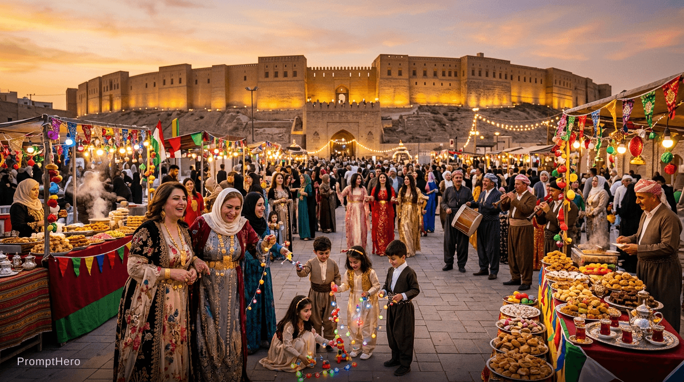 AI generated: > Beautiful Eid al-Adha celebration in the heart of Erbil, families wearing elegant Kurdish clothes,...