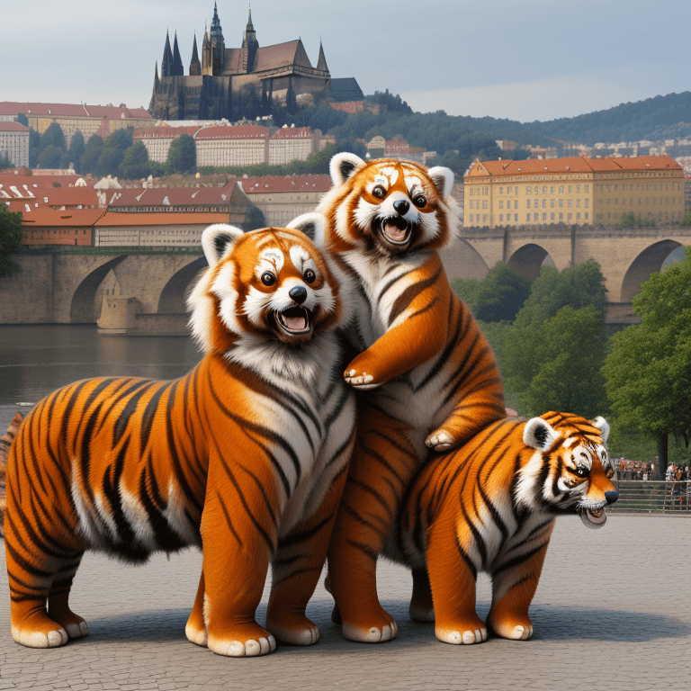AI generated: Red panda and tiger and elephant posing in front of Prague Castle