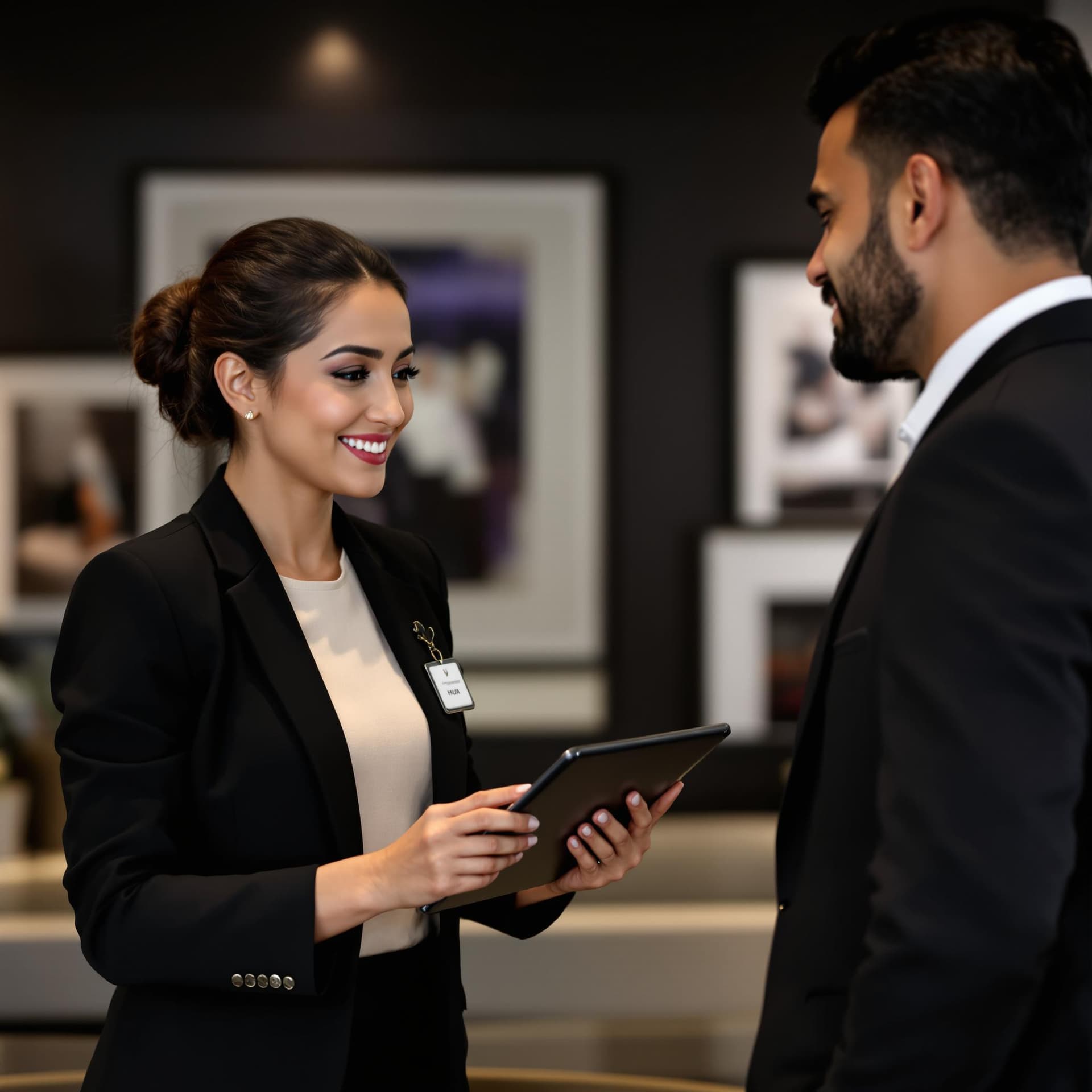 AI generated: a indian professional interaction between a female employee and a male client or visitor in what app...