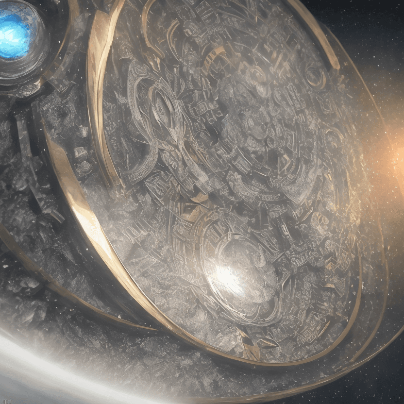 AI generated: Rendering of a titanium made ring for men, (( mystical engravings)), ((a cosmic scenery s depicted o...