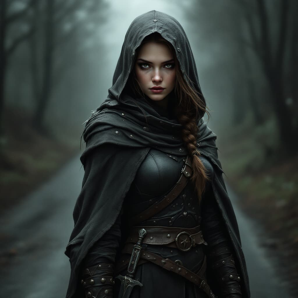 AI generated: female elf rogue with soft features. Brown hair in a single braid. Full body. Hooded cloak shadowing...