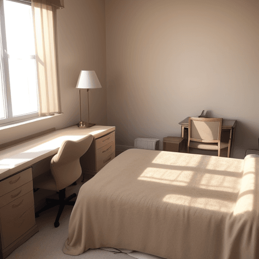 AI generated: Beige-toned suite, with desk and bed, sunlight streaming in from the window, exquisite and clear rea...