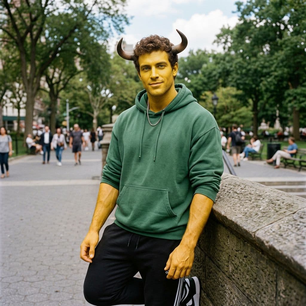 AI generated: A muscular attractive man with yellow skin and brown hair with green eyes with a green hoodie with b...