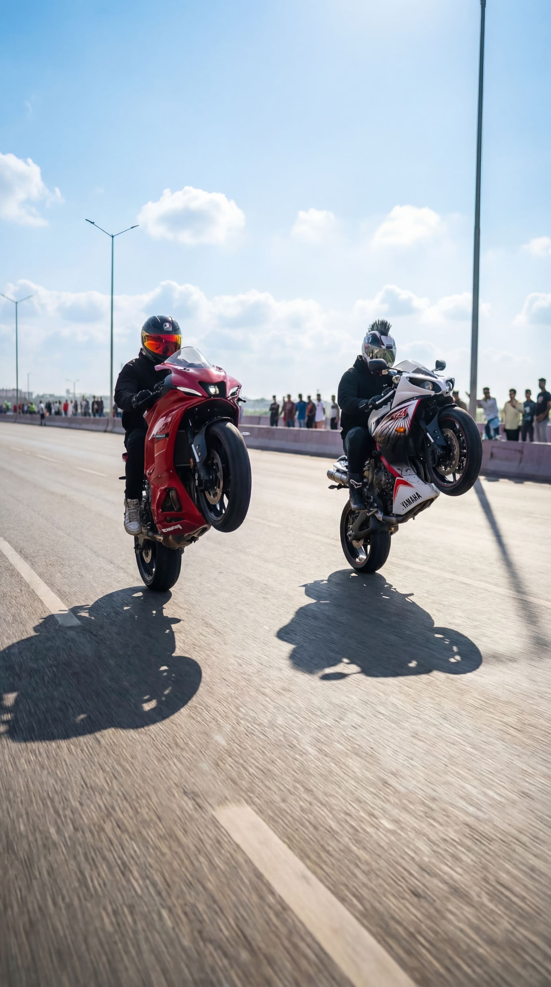 AI generated: Merge the two biker as real photo in one picture 