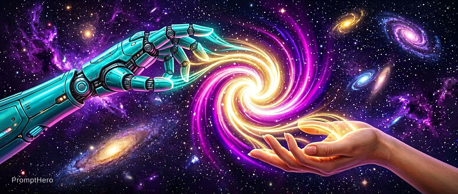 AI generated: 2 Hands. Hand 1: Robot hand, colour turquois metal, relaxed open, palm downward. Hand 2: Human, fema...