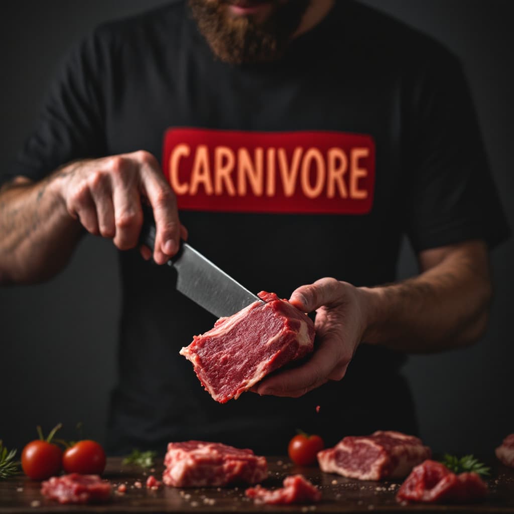 AI generated: darker image of person in black t-shirt with sign Carnivore in red cutting big chunk of meat. hide f...