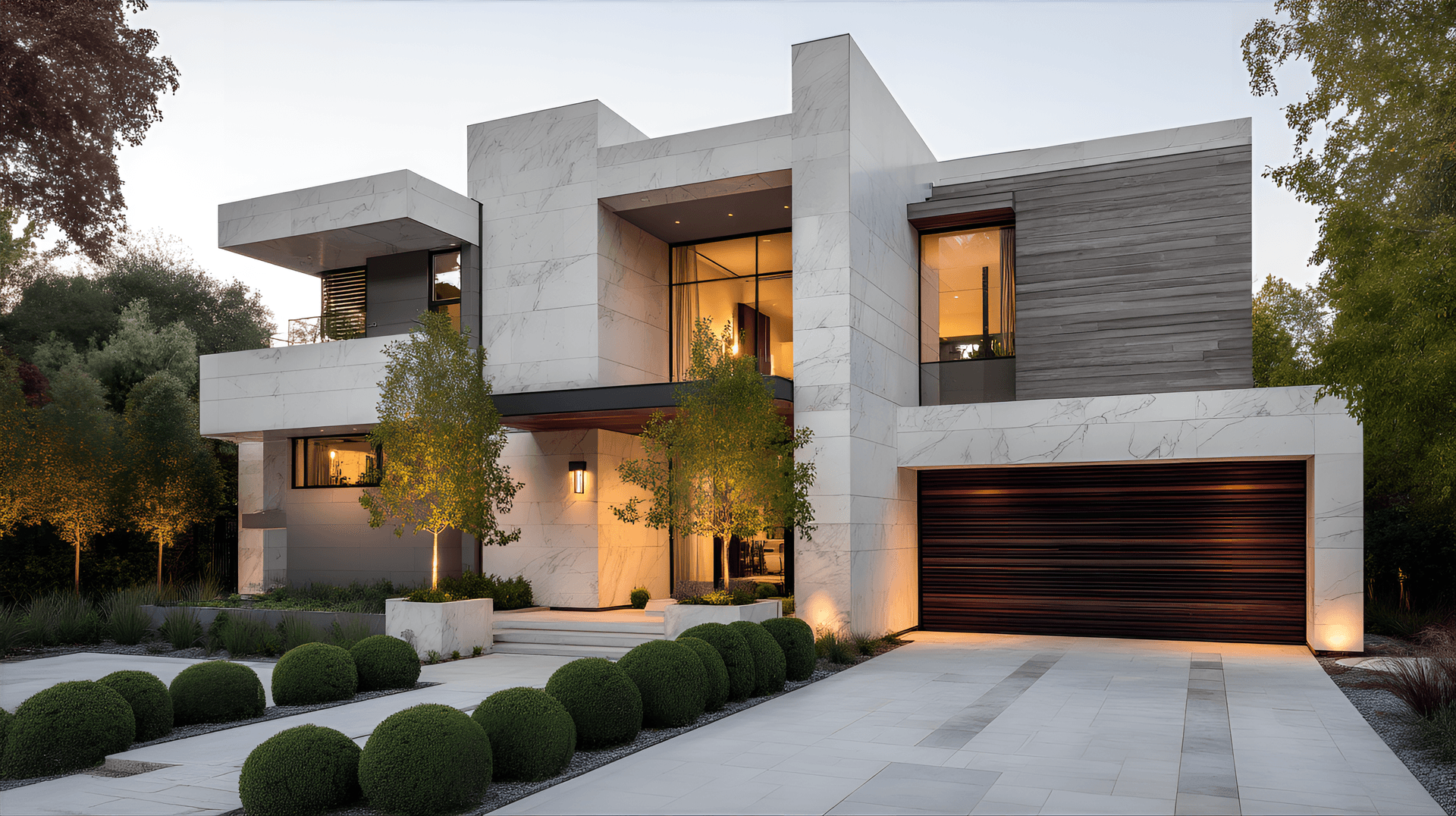 AI generated: Modern, contemporary, multi-story house with geometric design,  light-toned marble and dark wood acc...