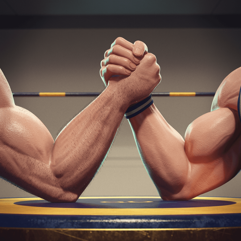 AI generated: Photo of a ultra realistic powerful arms of arm wrestlers during the fight at the professional arm w...